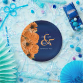 Assiettes En Carton Beau Rose orange et Mariage bleu marine (Fête)