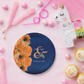 Assiettes En Carton Beau Rose orange et Mariage bleu marine (Fête)