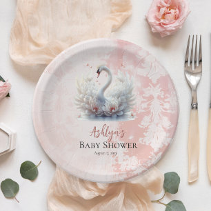 Assiettes En Carton Beau Swan rose Floral Damask Girl Baby shower