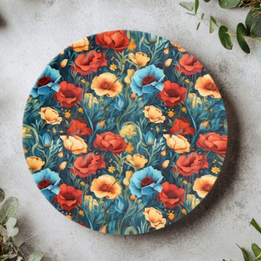Assiettes En Carton Beautiful Yellow Blue and Red Flowers Pattern