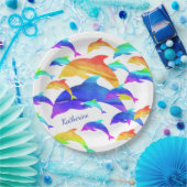 Assiettes En Carton Beaux dauphins en arc-en-ciel avec prénom (Fête)