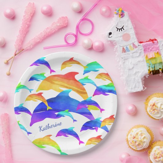 Assiettes En Carton Beaux dauphins en arc-en-ciel avec prénom (Fête)