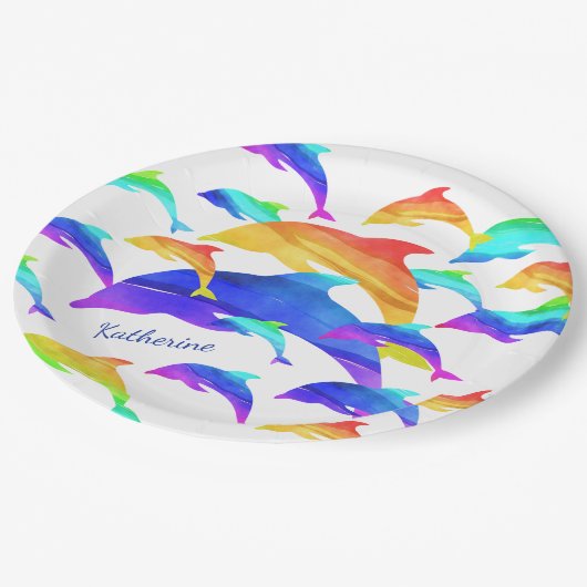 Assiettes En Carton Beaux dauphins en arc-en-ciel avec prénom (Angle)