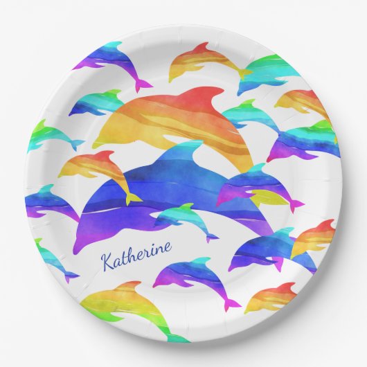 Assiettes En Carton Beaux dauphins en arc-en-ciel avec prénom (Devant)