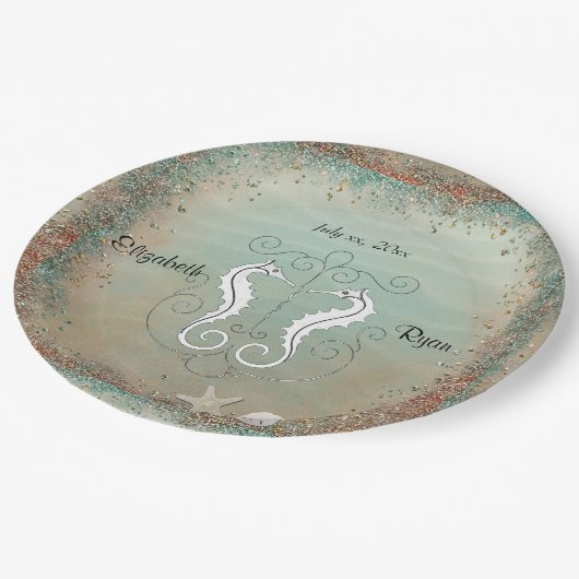 Assiettes En Carton Beaux hippocampes, mariage sur la plage, coquillag (Angle)