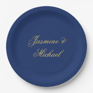 Assiettes En Carton Beaux Noms De Couple Calligraphie Chic Bleu & Or