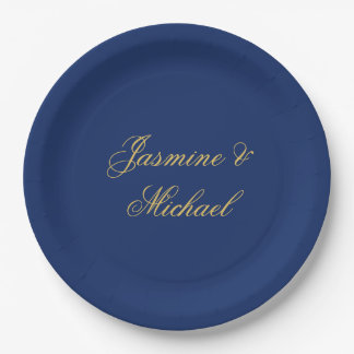 Assiettes En Carton Beaux Noms De Couple Calligraphie Chic Bleu & Or