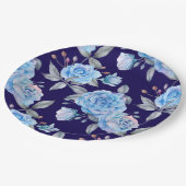 Assiettes En Carton Beaux roses bleus, arrière - plan bleu marine, (Angle)