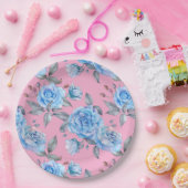 Assiettes En Carton Beaux roses bleus, arrière - plan rose pastel, (Fête)