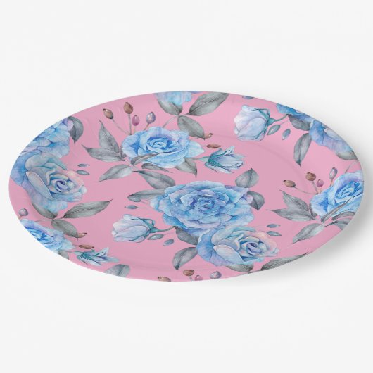 Assiettes En Carton Beaux roses bleus, arrière - plan rose pastel, (Angle)