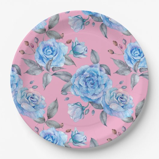 Assiettes En Carton Beaux roses bleus, arrière - plan rose pastel, (Devant)