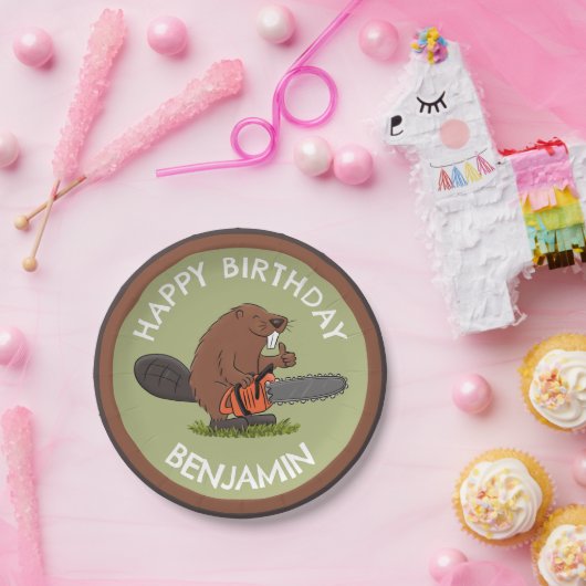 Assiettes En Carton Beaver avec tronçonneuse drôle d'anniversaire pers (Fête)