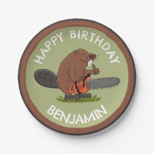Assiettes En Carton Beaver avec tronçonneuse drôle d'anniversaire pers