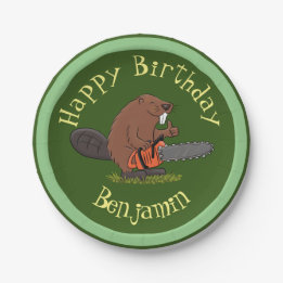 Assiettes En Carton Beaver avec tronçonneuse drôle d'anniversaire pers