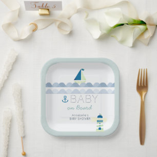 Assiettes En Carton Bébé à Bord Naissance Bleu Marin Garçon Fête Préna
