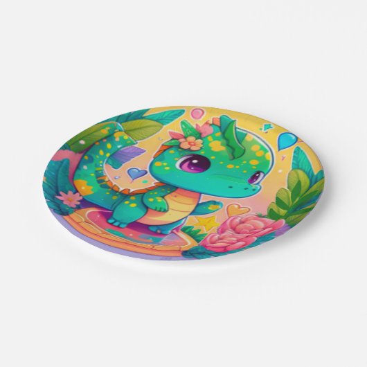 Assiettes En Carton Bébé adorable mignon Dino/Dragon Anniversaire (Angle)