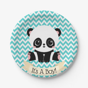 Assiettes En Carton Bébé adorable Panda Baby shower bleu Plaques de