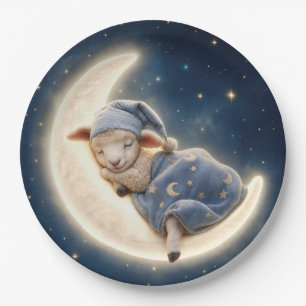 Assiettes En Carton Bébé agneau endormi sur un croissant de lune