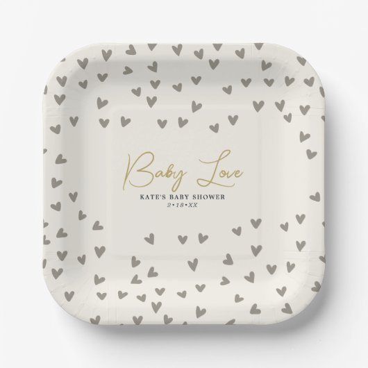 Assiettes En Carton Bébé Amour Taupe Coeurs Sexe Baby shower neutre (Recto)