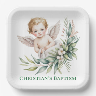 Assiettes En Carton Bébé ange à l'aquarelle Ailes de plume Baptême