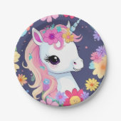 Assiettes En Carton Bébé blanc adorable licorne avec fleurs (Devant)