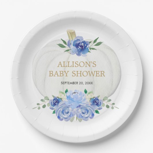 Assiettes En Carton Bébé bleu blanc fleuri vert citrouille blanc (Devant)