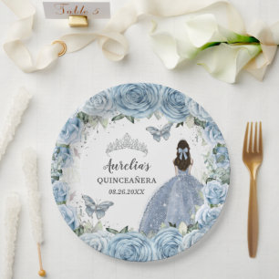 Assiettes En Carton Bébé Bleu Doux Papillons Floraux Princesse Argent