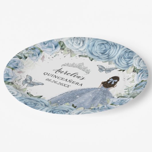 Assiettes En Carton Bébé Bleu Doux Papillons Floraux Princesse Argent (Angle)