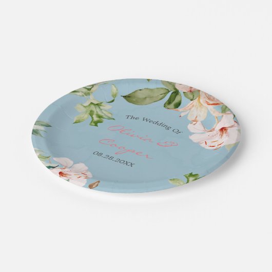 Assiettes En Carton Bébé bleu et rose Aquarelle Lily Mariage (Angle)