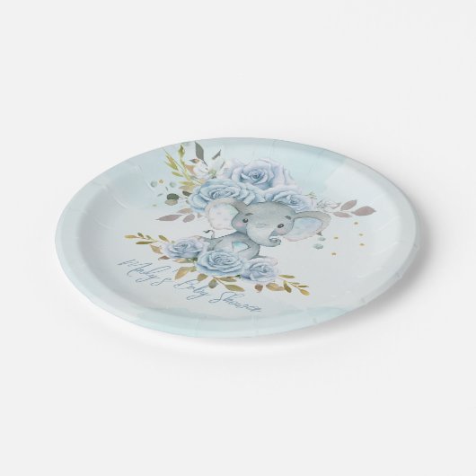Assiettes En Carton Bébé bleu Floral mignonne Elephant Baby shower gar (Angle)