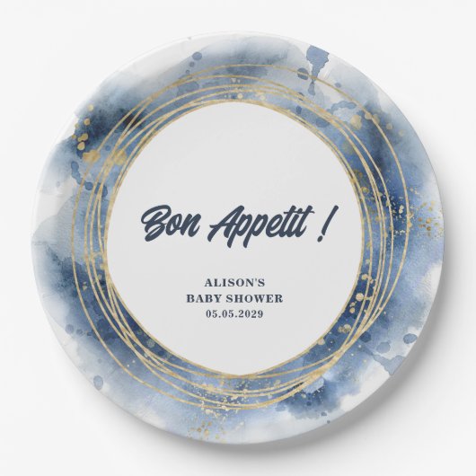 Assiettes En Carton Bébé bleu garçon douche ronde (Devant)