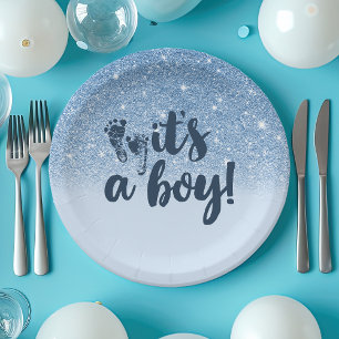 Assiettes En Carton Bébé Bleu Nuit Paillettes Ombré C'est Un Garçon