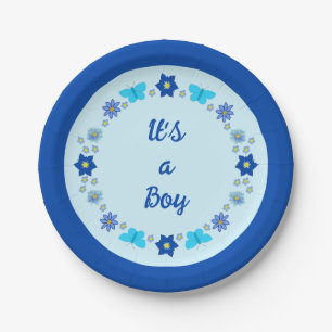 Assiettes En Carton Bébé bleu Papillons et fleurs personnalisés
