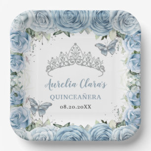 Assiettes En Carton Bébé Bleu Papillons Floraux Tiara QUINCEAÑERA