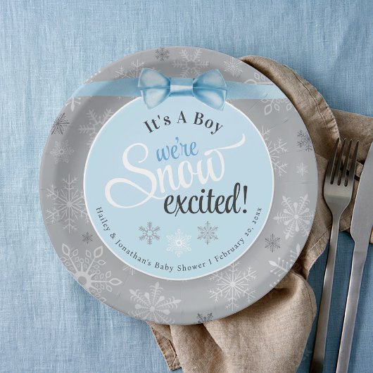 Assiettes En Carton Bébé bonté neige Boy Blue & Grey Snowflake Douche