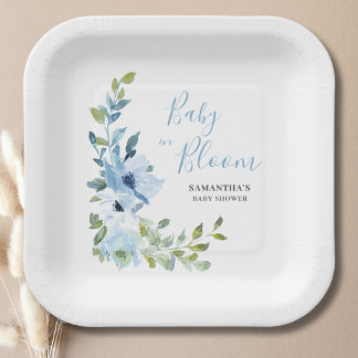 Assiettes En Carton Bébé dans le Baby shower Floral Bleu Fleur