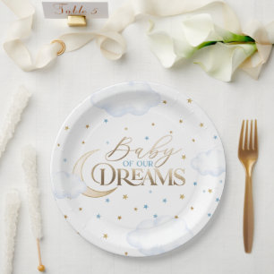 Assiettes En Carton Bébé de nos rêves Lune et Étoiles Bleu Baby Shower