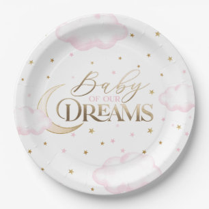 Assiettes En Carton Bébé de nos rêves Lune et Étoiles Rose Baby Shower