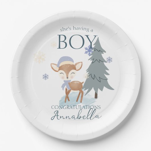 Assiettes En Carton Bébé d'hiver mignon cerf garçon Fawn (Devant)