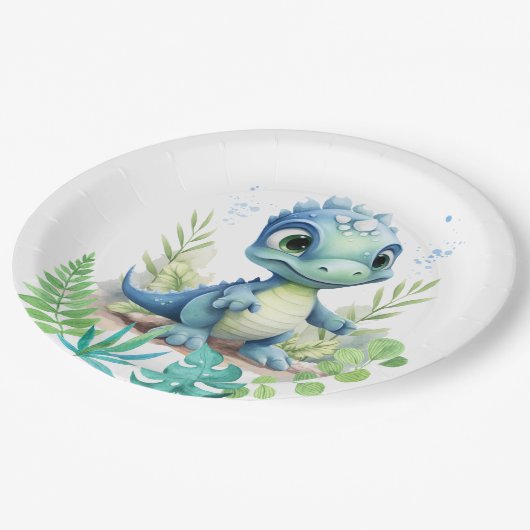 Assiettes En Carton Bébé Dinosaur Vert et Bleu (Angle)