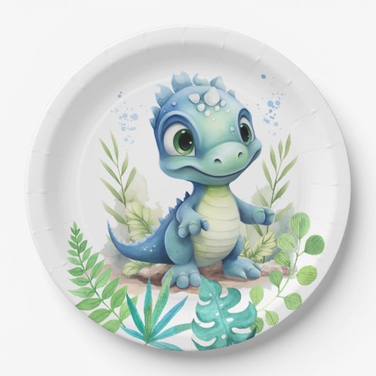 Assiettes En Carton Bébé Dinosaur Vert et Bleu (Devant)