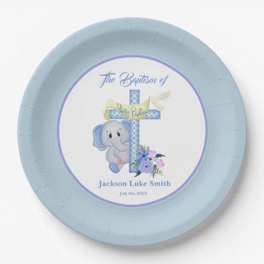 Assiettes En Carton Bébé éléphant avec croix et colombe Baptême (Devant)