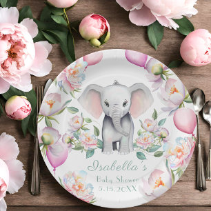 Assiettes En Carton Bébé éléphant avec pivoines et ballons Baby Shower
