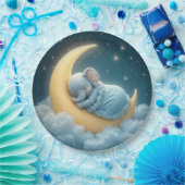 Assiettes En Carton Bébé Eléphant Bleu dormant sur une lune de croissa (Fête)