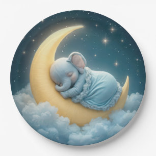 Assiettes En Carton Bébé Eléphant Bleu dormant sur une lune de croissa
