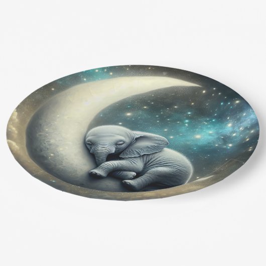 Assiettes En Carton Bébé Eléphant Dormir Sur Crescent Moon (Angle)