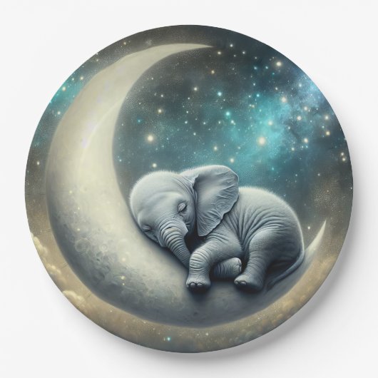 Assiettes En Carton Bébé Eléphant Dormir Sur Crescent Moon (Devant)