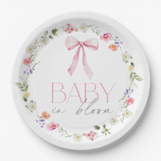 Assiettes En Carton Bébé en Fleur Baby shower à fleurs rose Bow (Devant)