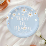 Assiettes En Carton Bébé en fleur ! Baby shower de bouho bleu Retro Da<br><div class="desc">Bébé en fleur ! Plaques de baby shower marguerite d'inspiration rétro avec marguerites de style 70's et polices boho et couleur</div>