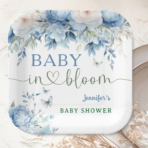 Assiettes En Carton Bébé en Fleur Baby shower Floral Dusty Blue